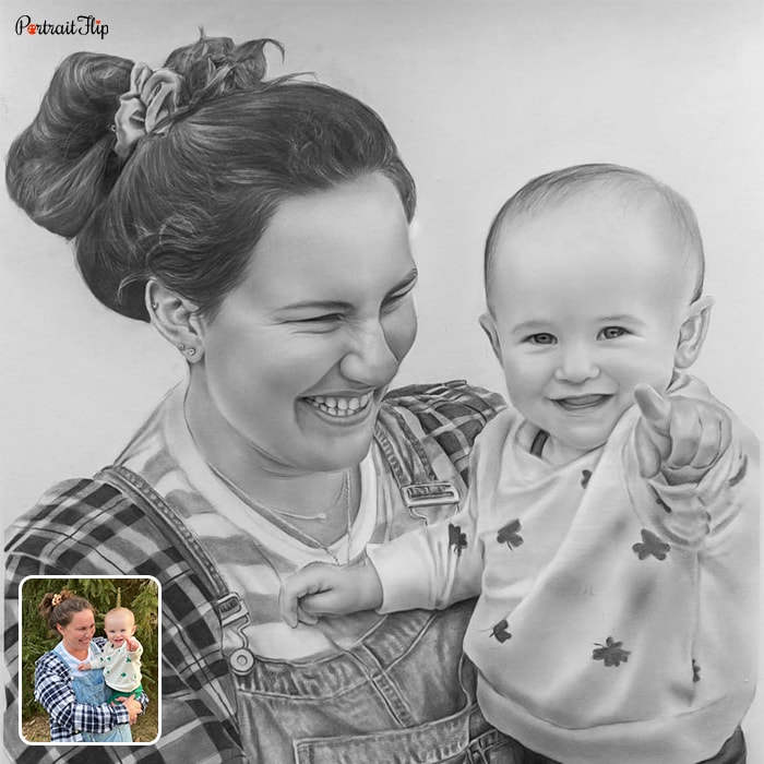 Charcoal Mother’s day paintings of a woman with a baby pointing finger in straight direction