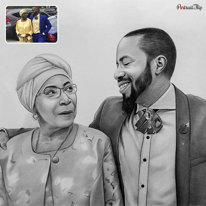 Charcoal Mother’s day paintings of an old woman and a man whose one arm is around the woman