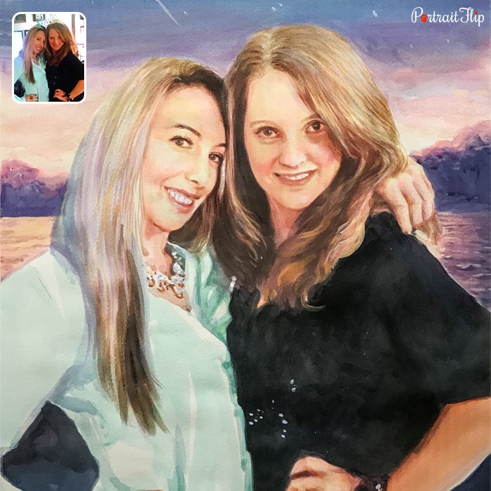 Mother's Day Paintings of two women, where one woman’s arm is around other’s neck
