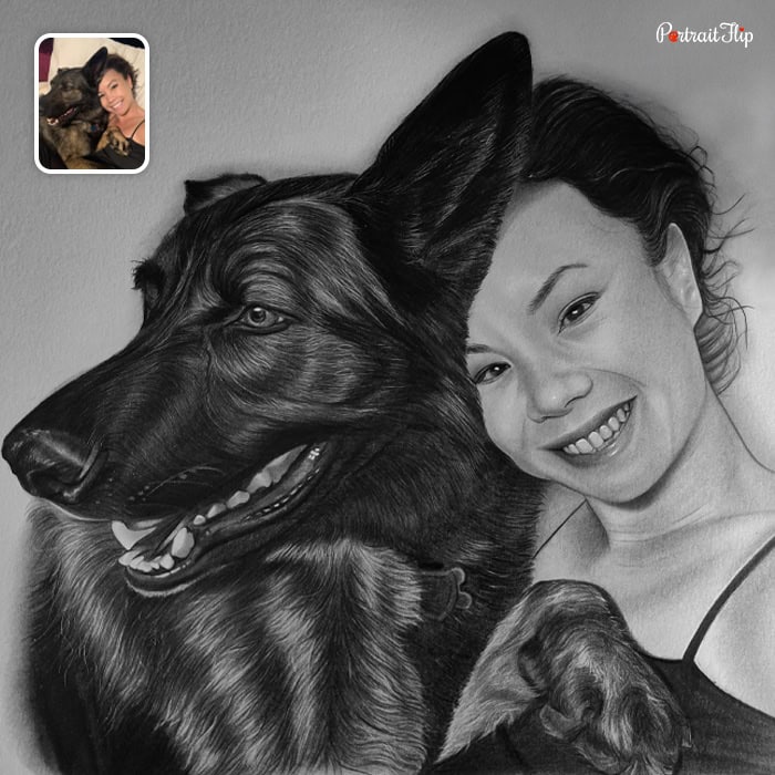 lady and dog charcoal drawing