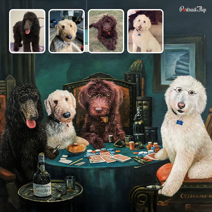 dogs sitting on table oil painting