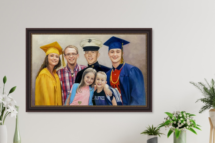 Framed graduation family portrait painting hanging on a wall