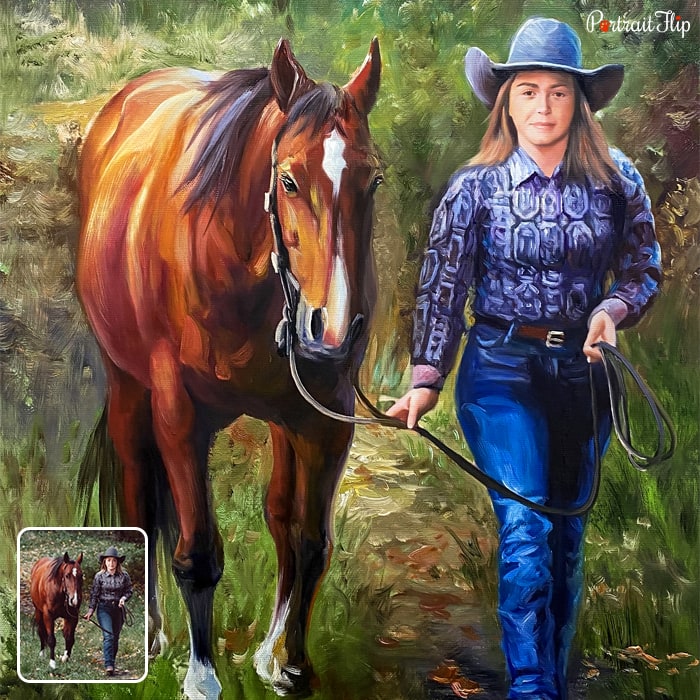 A horse portraits of a woman who is walking along a horse with lead rope in her hand