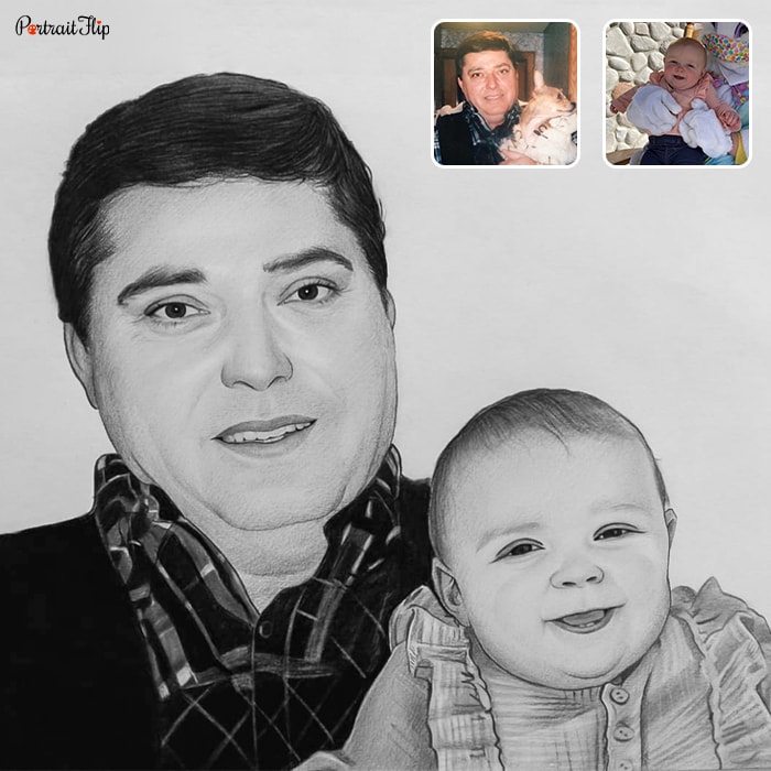 Compilation picture a man and a baby are placed next to each other, which is converted into pencil paintings