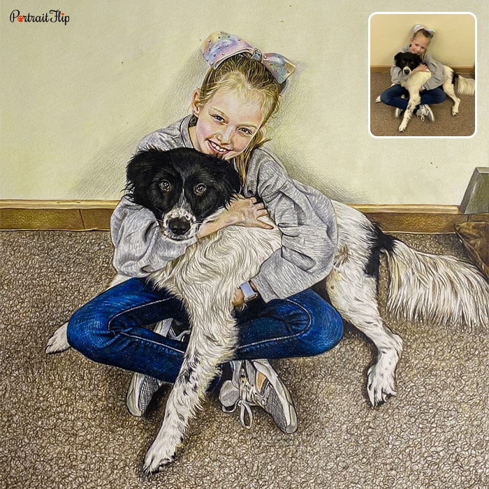 Dog portraits of a girl who is sitting with her dog in her arms