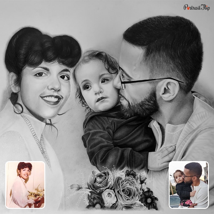 Charcoal painting of a man holding a baby in his arms with a close-up face of a woman beside them and flowers below