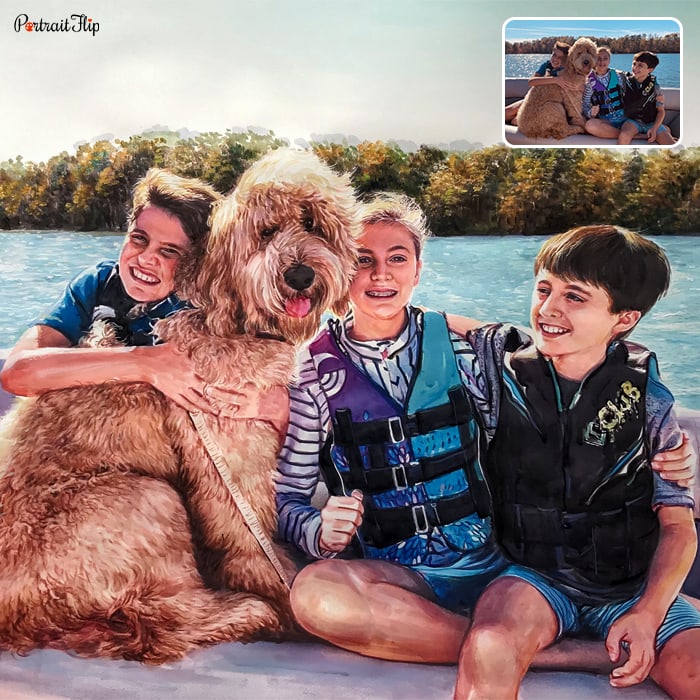 Watercolor painting where three children are sitting with a sea view i background and a dog