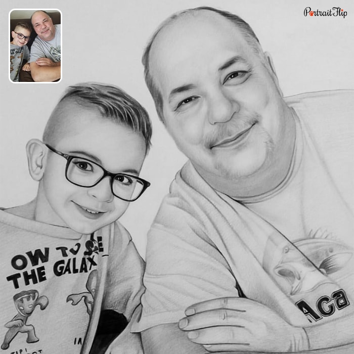 Black and white painting of aman and a young boy sitting next to each other