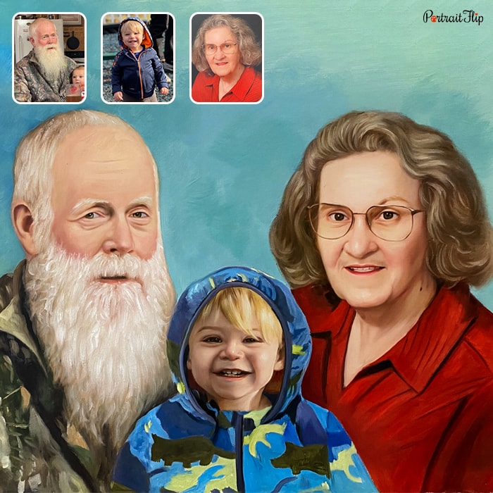 Compilation picture where a baby is placed in between an old man and woman is a baby portraits
