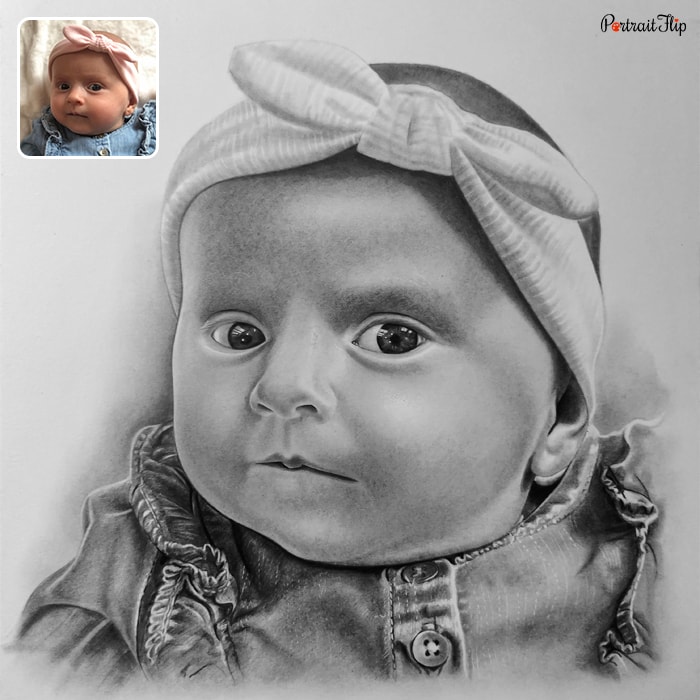 Baby portraits of close-up baby’s face wearing a headband