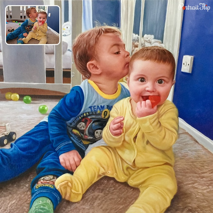Baby portraits of two boys where one is kissing on the forehead of another boy