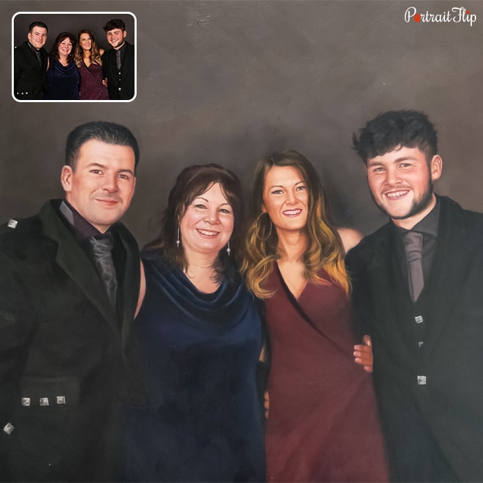 Picture of a family, where a two men are standing at the corner with two women in between