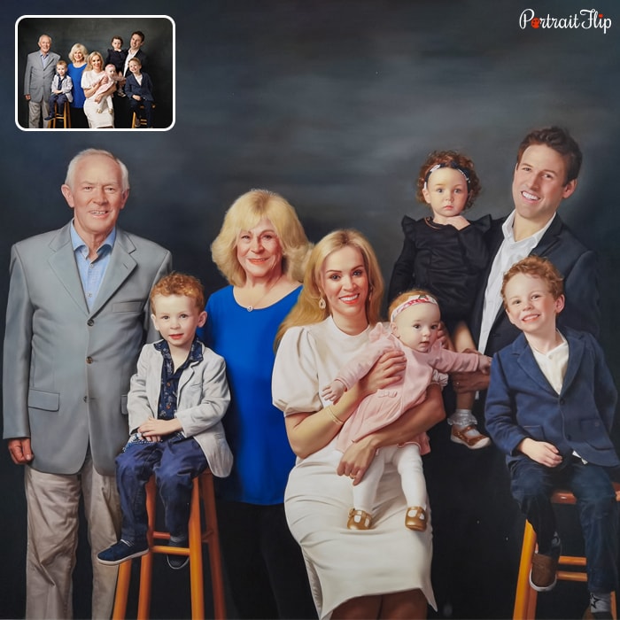 Birthday portraits of a family where an old man and a woman is standing on the left side along with a boy sitting on high chair, a woman holding a baby in her arms and a boy beside her, with a man holding a baby standing behind them