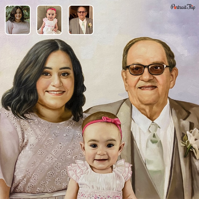 Compilation picture of a baby girl placed in between a woman and an old man