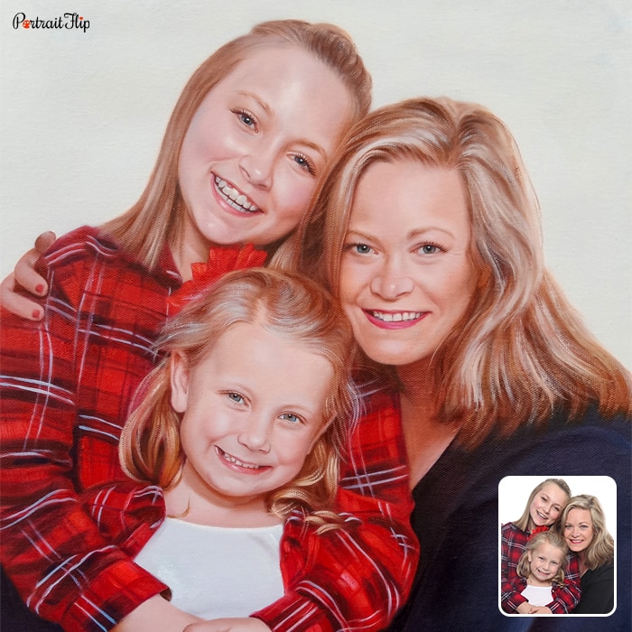 Birthday portraits of a woman sitting beside two young girls in red check t-shirts