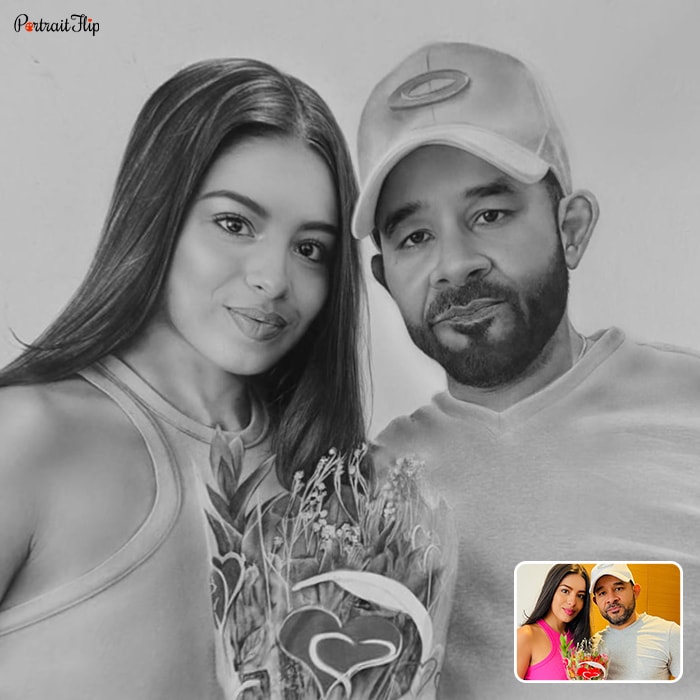 Charcoal paintings where a man and a woman is standing next to each other with a bouquet of flowers in woman’s hand
