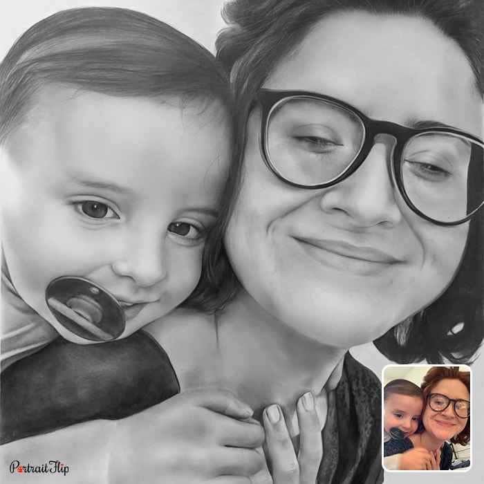 Charcoal paintings of a woman with a baby on her back
