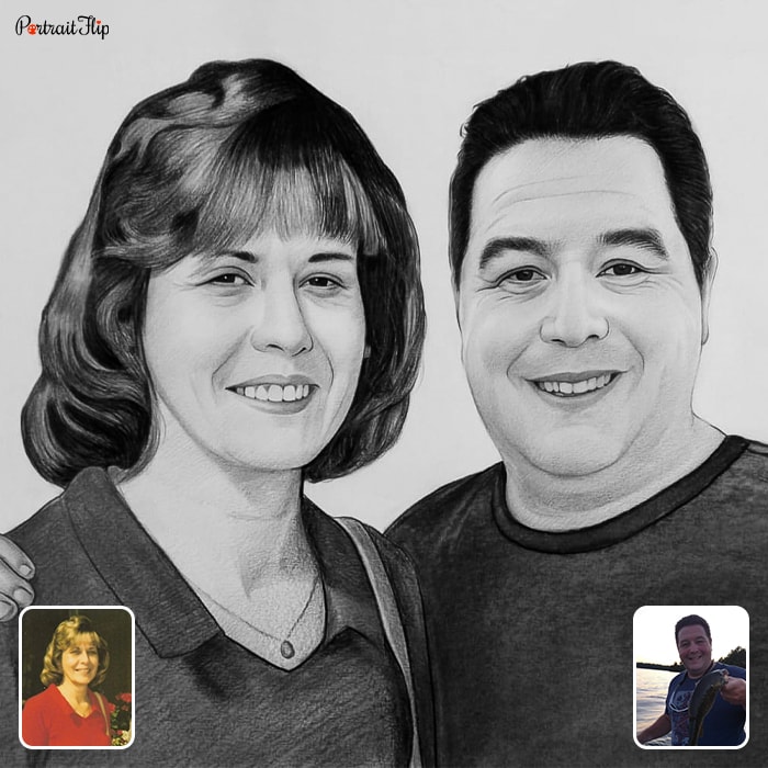 Charcoal paintings of a woman and a man placed next to each other