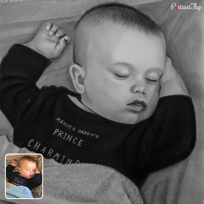 Picture of a sleeping baby that is converted into charcoal paintings