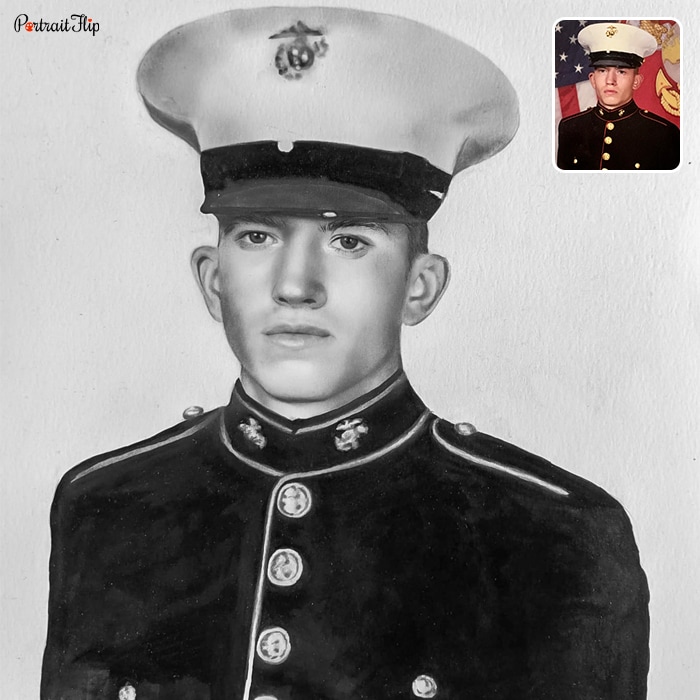 Picture of a man in uniform that is converted into charcoal drawings