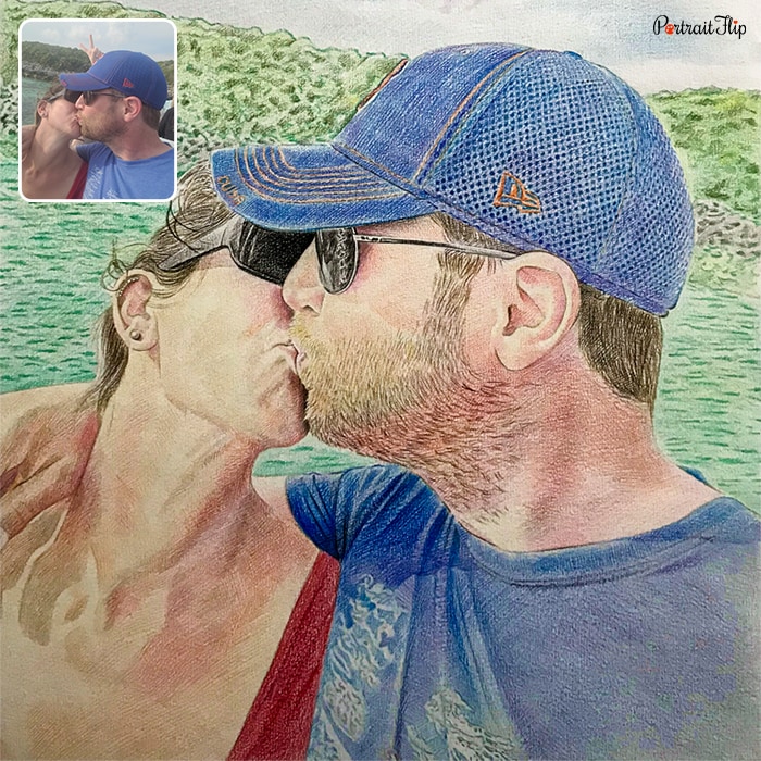 Painting of a man kissing a woman