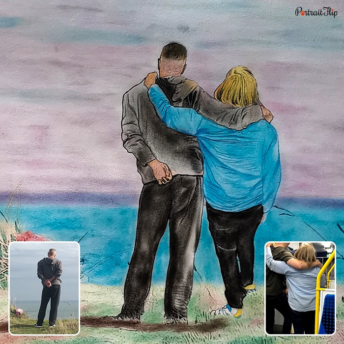 Paintings of a couple facing towards the lake view with their arms are around each other shoulders