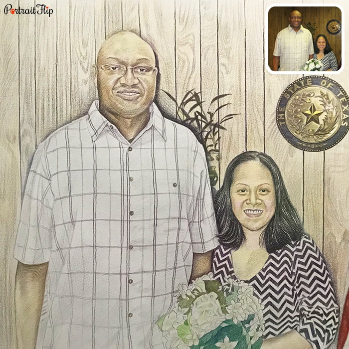 Colored pencil paintings of a woman and a man standing next to each other