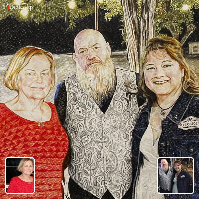 Colored pencil paintings where a man is placed between two women