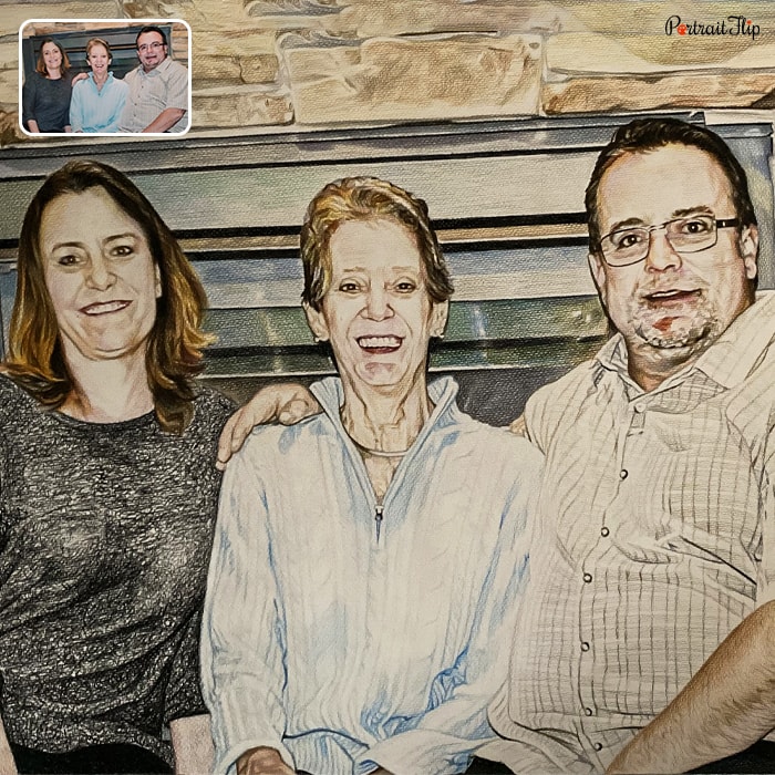 Colored pencil paintings where an old woman is sitting in between a woman and a man