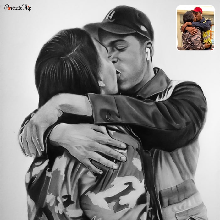 Engagement Paintings where a man and a woman are kissing each other