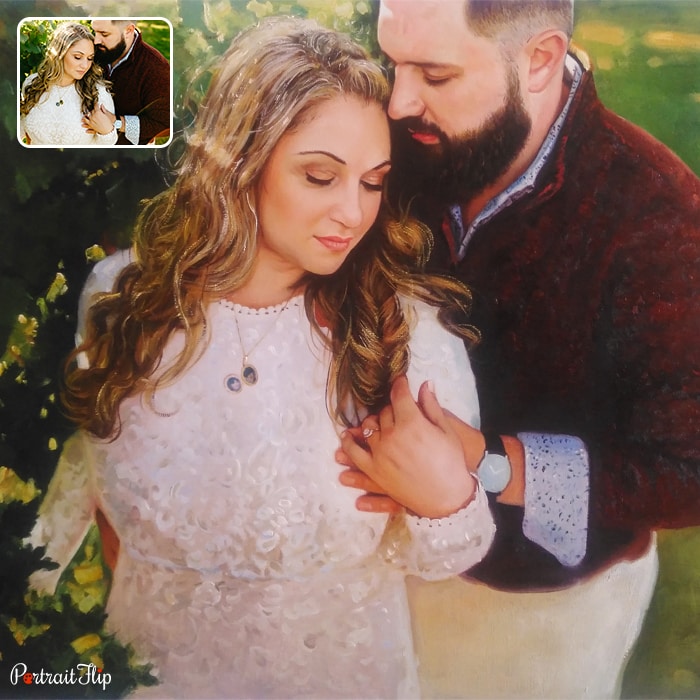 Engagement Paintings of a Couple, where the woman’s head is lying on man’s chest