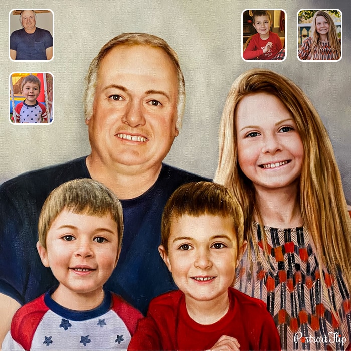 Family portrait painting compiled from multiple photos
