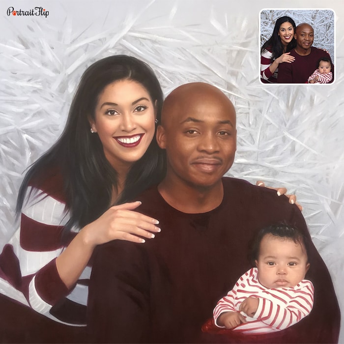 Father’s day paintings of man holding a baby in his hands with a woman behind his back