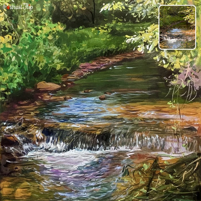 Landscape paintings that show a lake view where water is flowing with bushes beside them