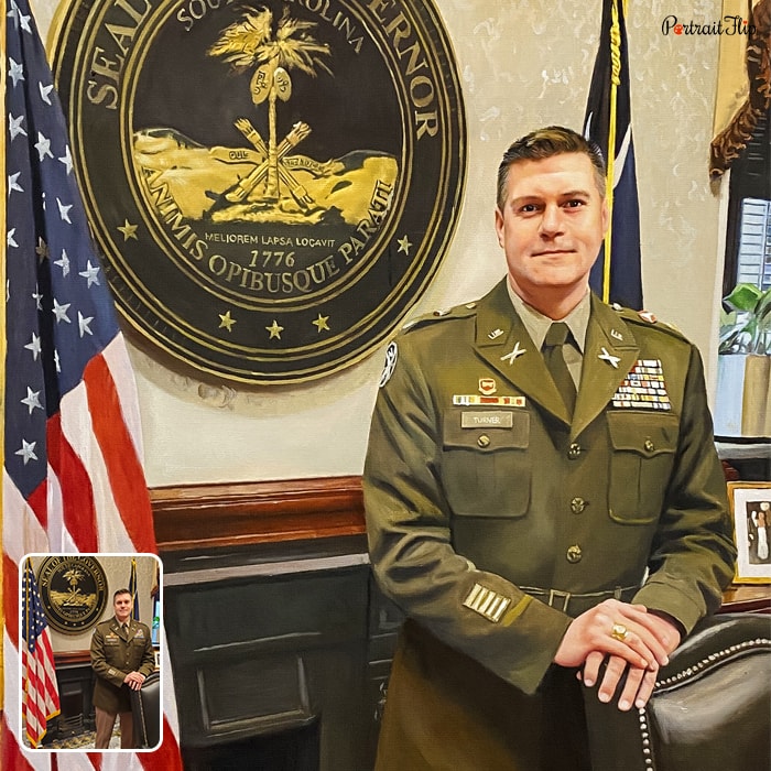 Military Portraits of a man wearing a military uniform and standing behind a chair and beside United States flag