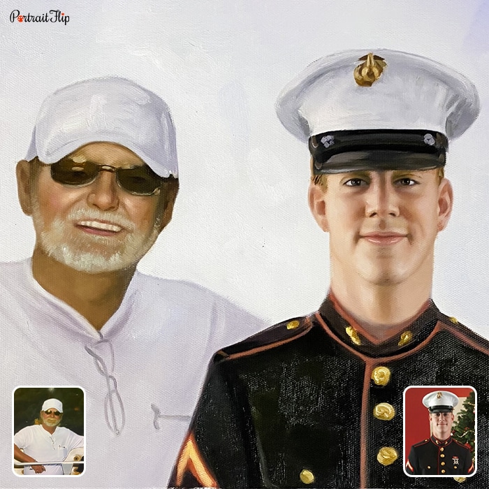 Military Portraits of an old man and a young man in army uniform in a white background