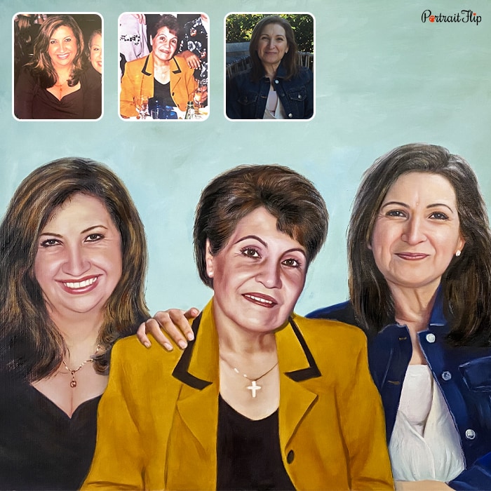 Compilation picture of Mother’s day paintings where an old woman is placed between two elderly women