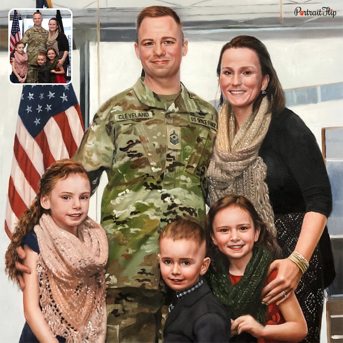 Oil paintings of a man in army uniform with a woman beside him and two girls and a boy in front of them