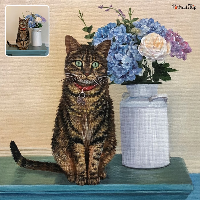 Picture of a cat sitting on a table near a flower vase, which is converted into oil paintings