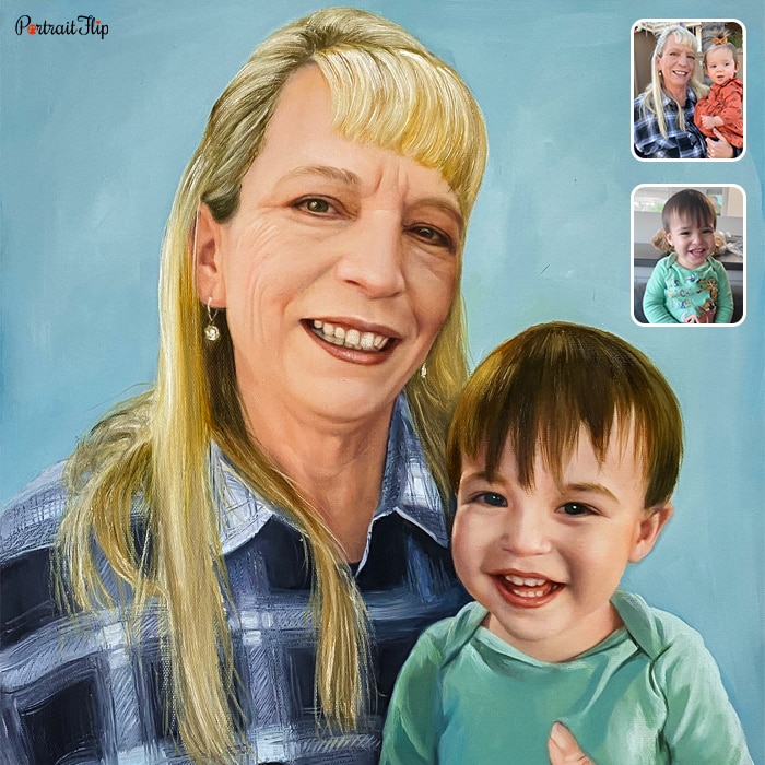 Compilation picture of a woman holding a baby boy in her arms which is converted into oil paintings