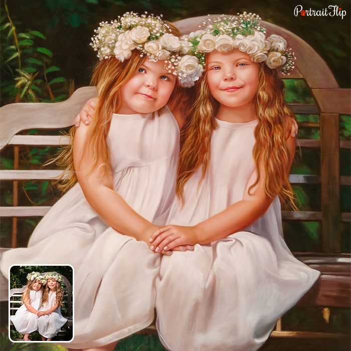 Picture of two girls who are sitting next to each other in an angel costume that is converted into oil paintings