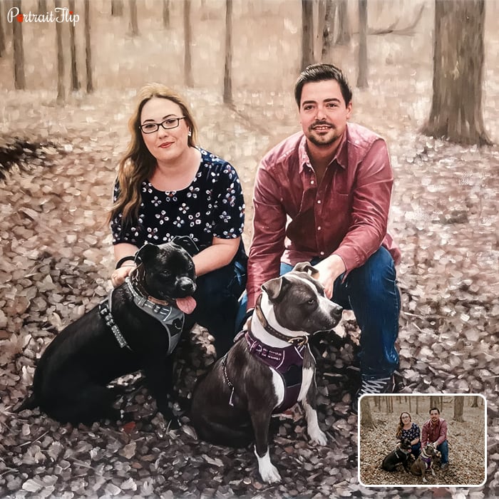 Picture of a man and a woman sitting in a forest background with two dogs in front of them is converted into oil paintings