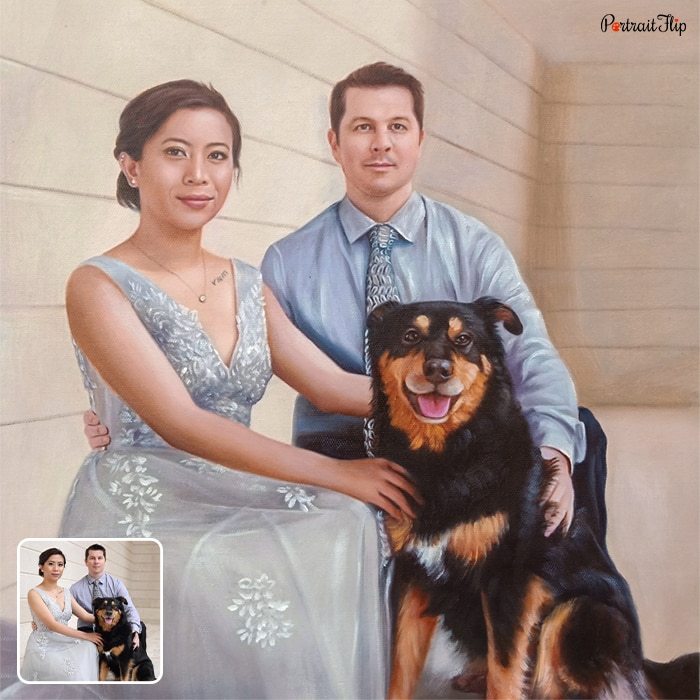 Picture of a man and a woman with a dog in front that is converted into oil paintings