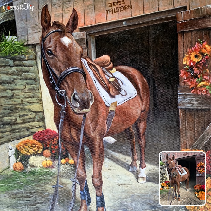Picture of a horse standing in front of stable with flowers in each corner that is converted into oil paintings