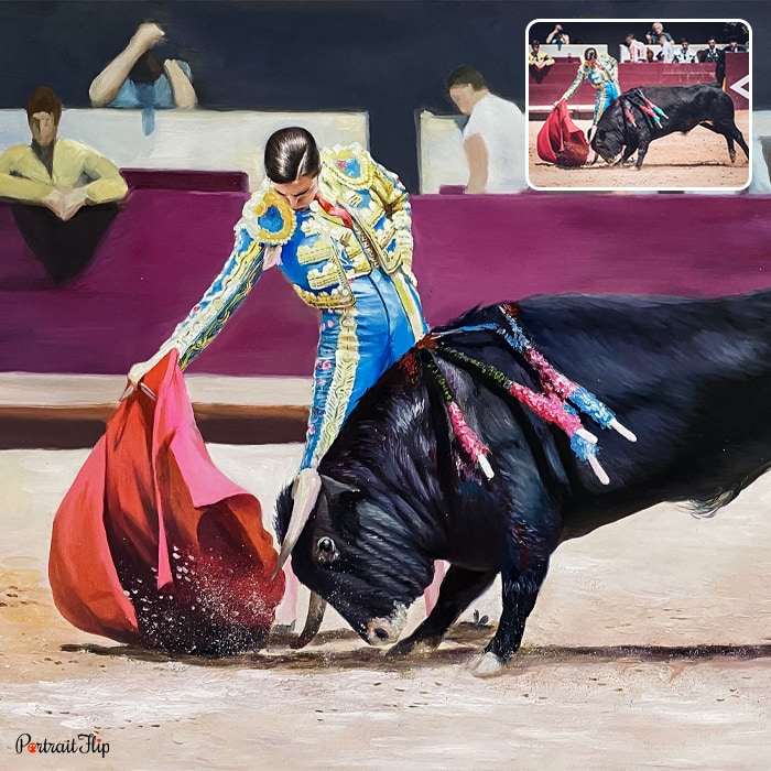 Picture of a woman bullfighting with the bull facing towards the red cloth is converted into oil paintings