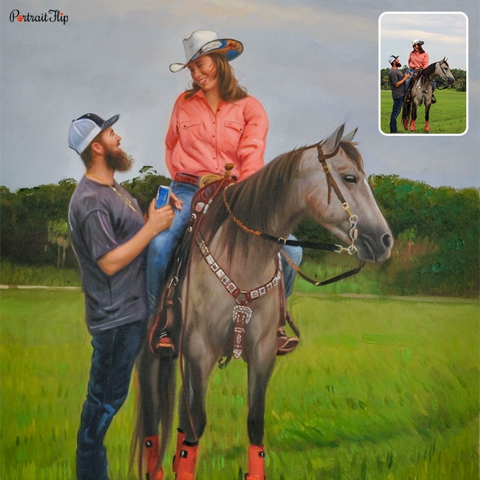 Oil paintings of a couple where the woman is riding on the horse with man standing beside her in a field of grass