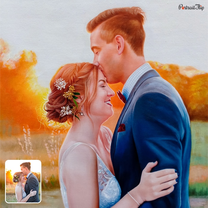 Oil paintings of a couple where the man is kissing the forehead of woman