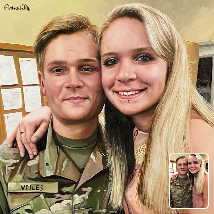 Picture of a woman taking selfie with a man wearing army uniform that is converted into oil paintings