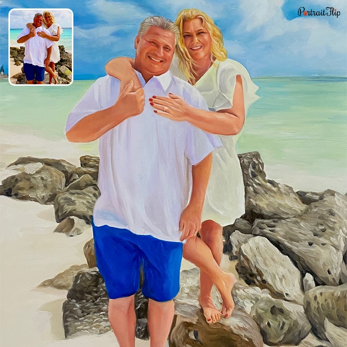 Oil paintings of an old couple where the woman is standing on rock with her arms around the man's shoulder in a beach background