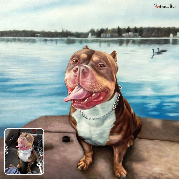 Picture of a pitbull dog with his tongue out that is converted into oil paintings with sea view in the background